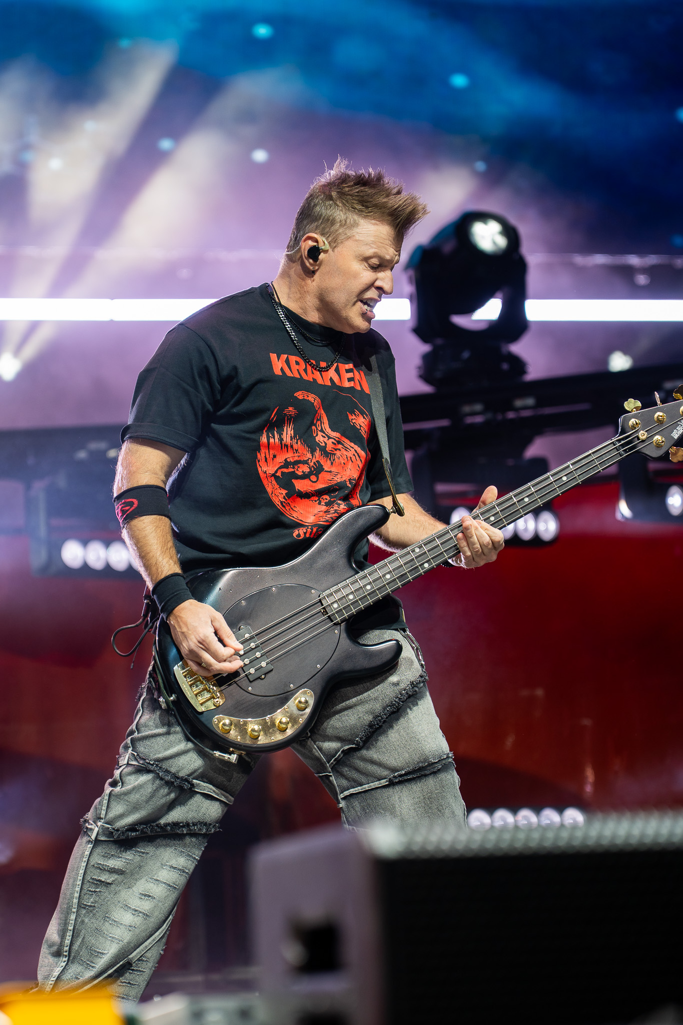 Three Days Grace performing under red light