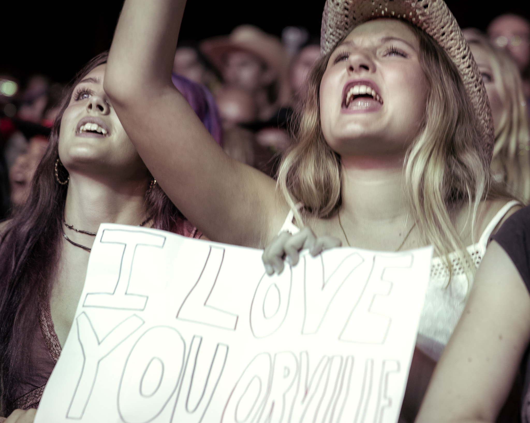 A fan holding an I Love You Orville sign above the crowd